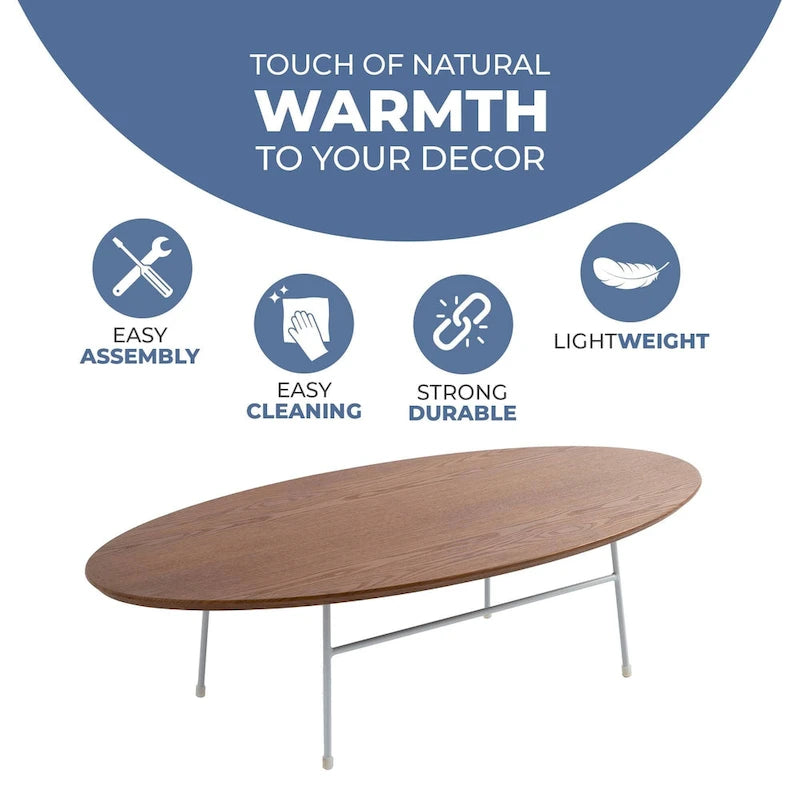 Oval Coffee Table – Natural Wood / Black / Walnut / White, Mid-Century Modern, Steel Base