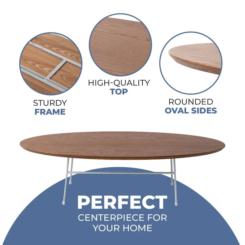 Oval Coffee Table – Natural Wood / Black / Walnut / White, Mid-Century Modern, Steel Base
