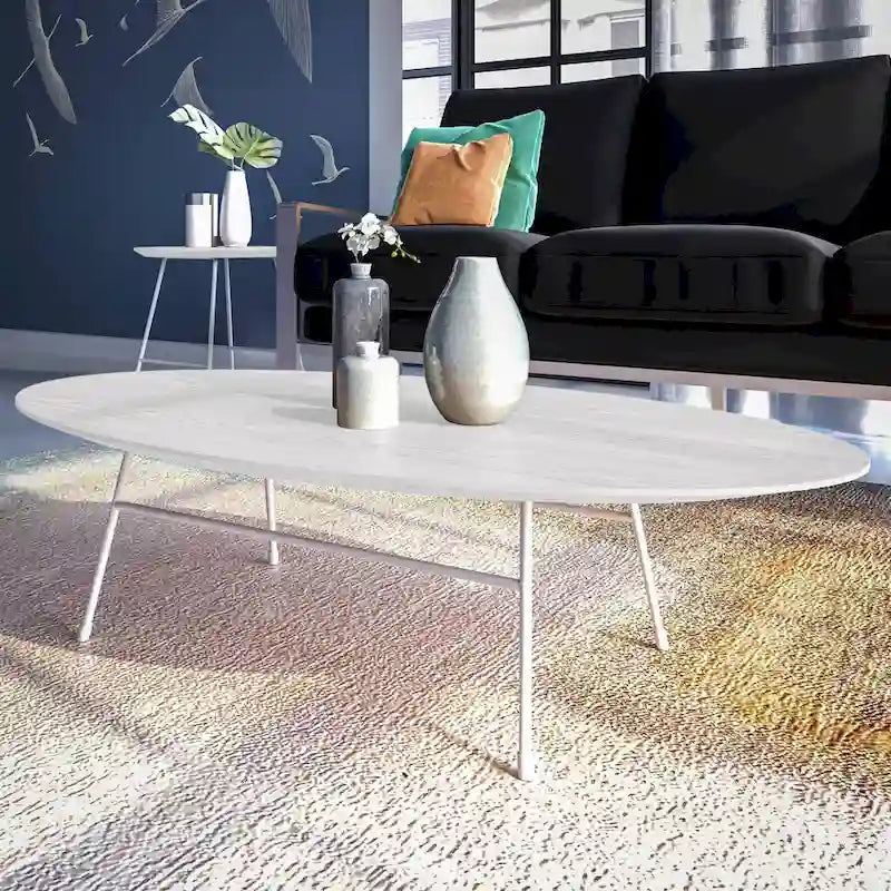 Oval Coffee Table – Natural Wood / Black / Walnut / White, Mid-Century Modern, Steel Base