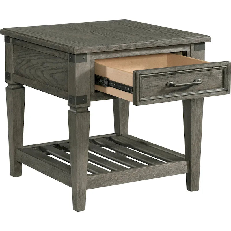 Brushed Pewter End Table with Drawer & Shelf, Industrial Style, 1-Piece