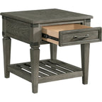 Brushed Pewter End Table with Drawer & Shelf, Industrial Style, 1-Piece