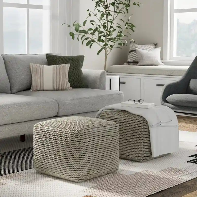 Cream Boho Square Pouf, Indoor/Outdoor, 1-Person