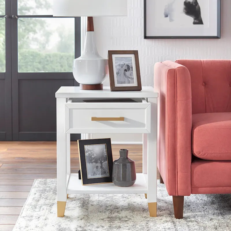 White Mid-Century End Table with Drawer & Shelf, 1-Person Assembly