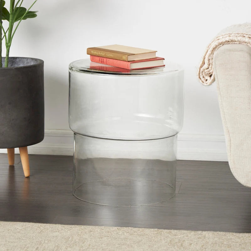 Glass Round Accent Side Table, Red / Clear, Single