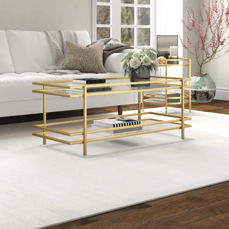 Brass/Blackened Bronze 4-Tier Arched Steel & Glass Display Shelf