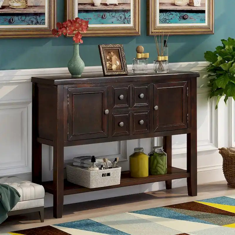 Retro Wood Buffet Sideboard with Drawers & Cabinets, Multi-Color, 1-Piece
