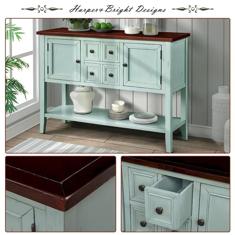 Retro Wood Buffet Sideboard with Drawers & Cabinets, Multi-Color, 1-Piece