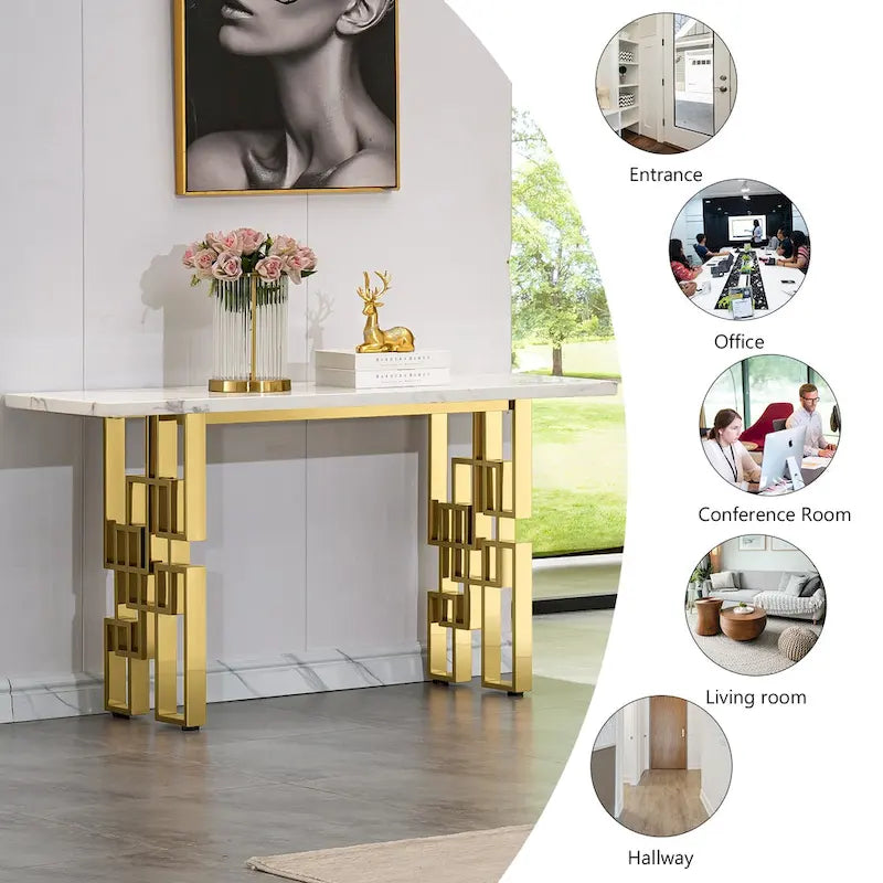 Modern Console Table 55 inch Sofa Table with High Gloss Top and Mirrored Metal Base for Entryway Living Room