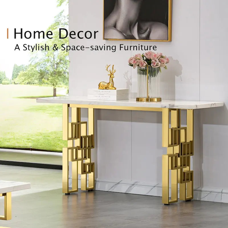 Modern Console Table 55 inch Sofa Table with High Gloss Top and Mirrored Metal Base for Entryway Living Room