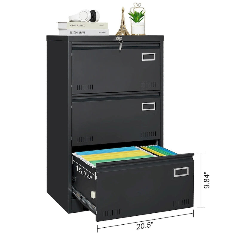 White/Black Metal Lateral 3-Drawer Locking File Cabinet, 1-Person