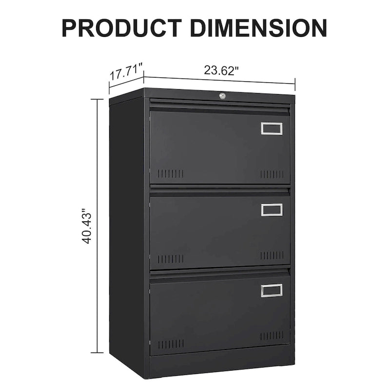White/Black Metal Lateral 3-Drawer Locking File Cabinet, 1-Person
