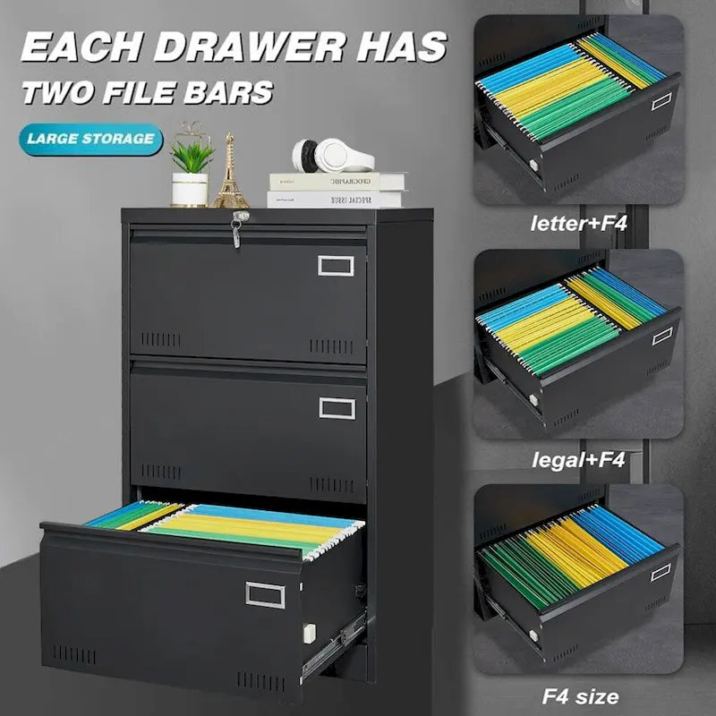 White/Black Metal Lateral 3-Drawer Locking File Cabinet, 1-Person