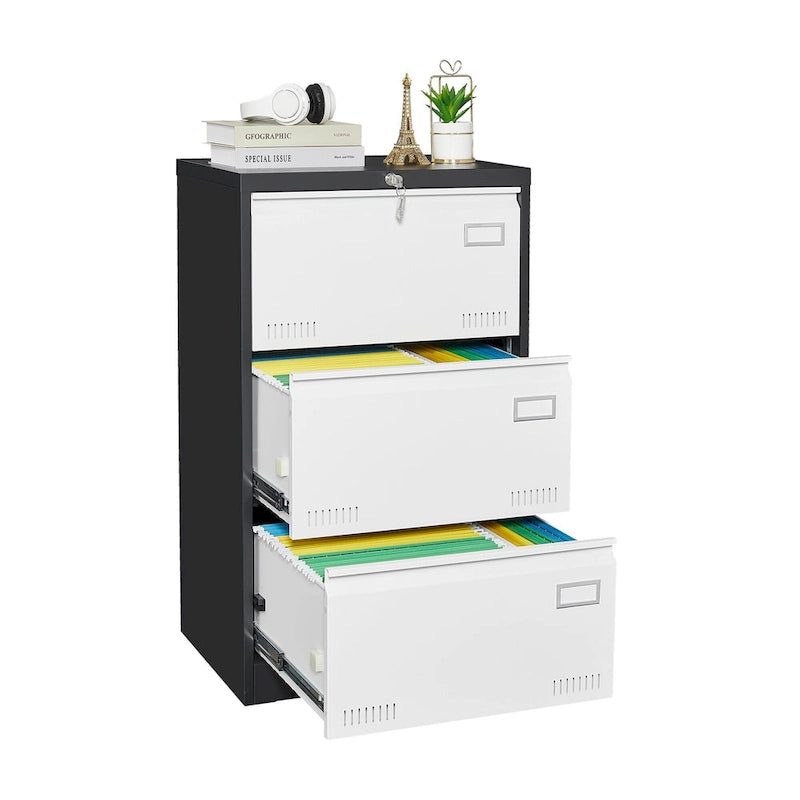 White/Black Metal Lateral 3-Drawer Locking File Cabinet, 1-Person