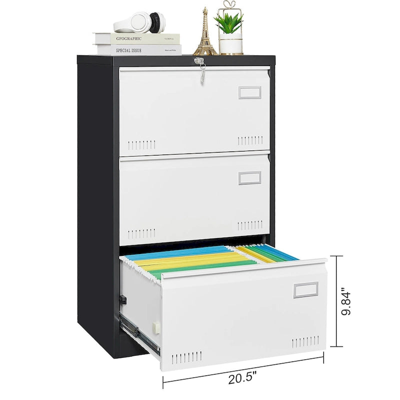 White/Black Metal Lateral 3-Drawer Locking File Cabinet, 1-Person