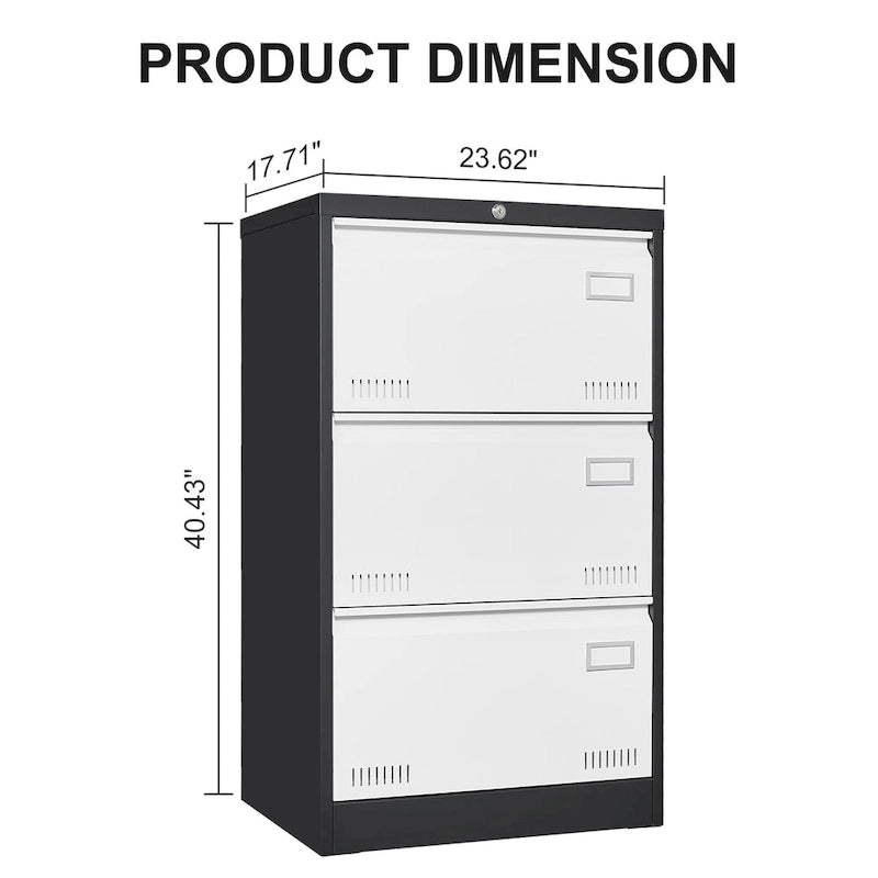 White/Black Metal Lateral 3-Drawer Locking File Cabinet, 1-Person
