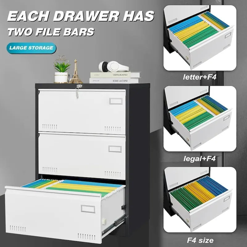 White/Black Metal Lateral 3-Drawer Locking File Cabinet, 1-Person
