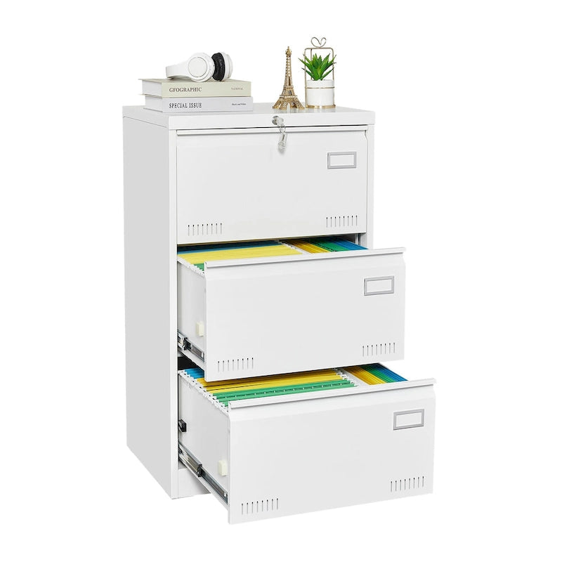 White/Black Metal Lateral 3-Drawer Locking File Cabinet, 1-Person