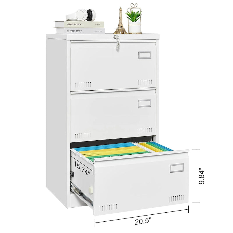 White/Black Metal Lateral 3-Drawer Locking File Cabinet, 1-Person