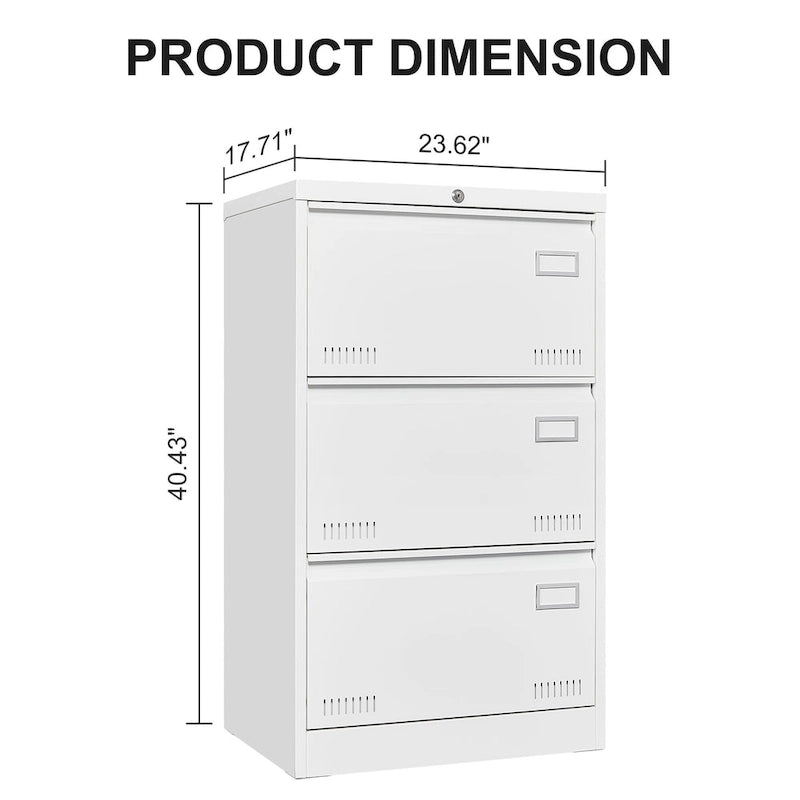White/Black Metal Lateral 3-Drawer Locking File Cabinet, 1-Person