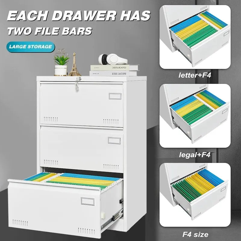 White/Black Metal Lateral 3-Drawer Locking File Cabinet, 1-Person