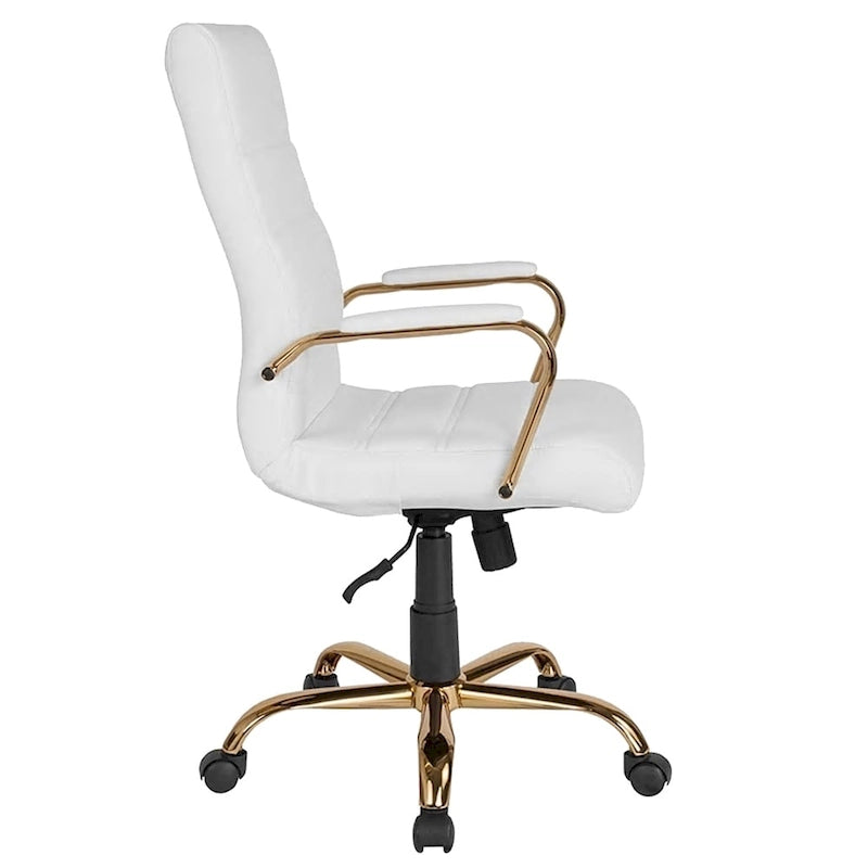 White Leather High Back Swivel Office Chair with Gold Frame, 1-Person
