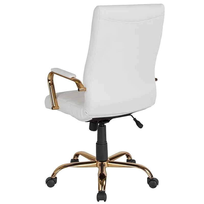 White Leather High Back Swivel Office Chair with Gold Frame, 1-Person