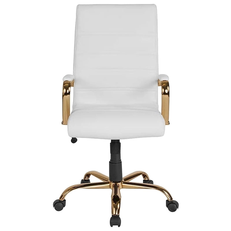 White Leather High Back Swivel Office Chair with Gold Frame, 1-Person