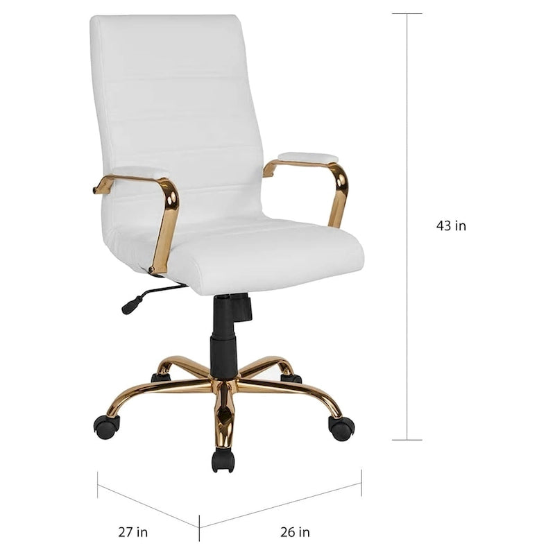 White Leather High Back Swivel Office Chair with Gold Frame, 1-Person