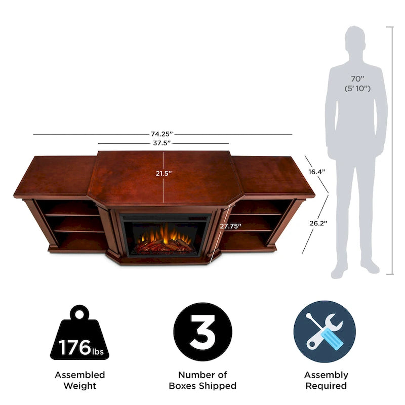 Mahogany Electric TV Stand with Fireplace, 4-Shelf, Single Unit – 75.5"W x 21.5"D x 27.7"H