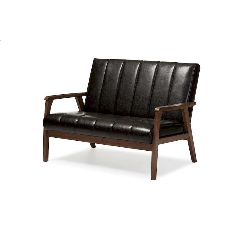 Dark Brown Faux Leather 2-Seater Loveseat, Mid-Century Modern Style