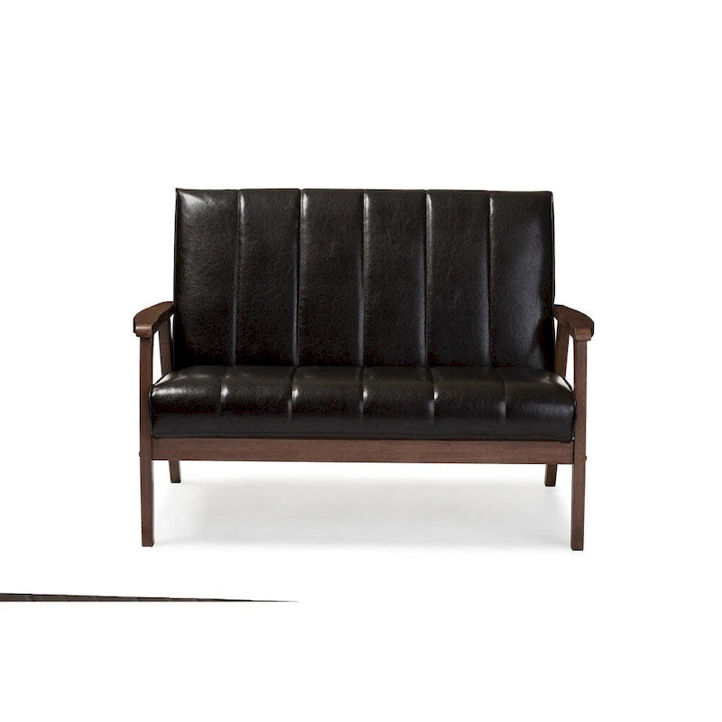 Dark Brown Faux Leather 2-Seater Loveseat, Mid-Century Modern Style