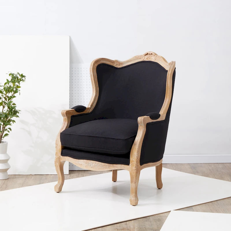 Wing Chair, Natural Linen / Ivory / Black, Camelback Style, Single Seat