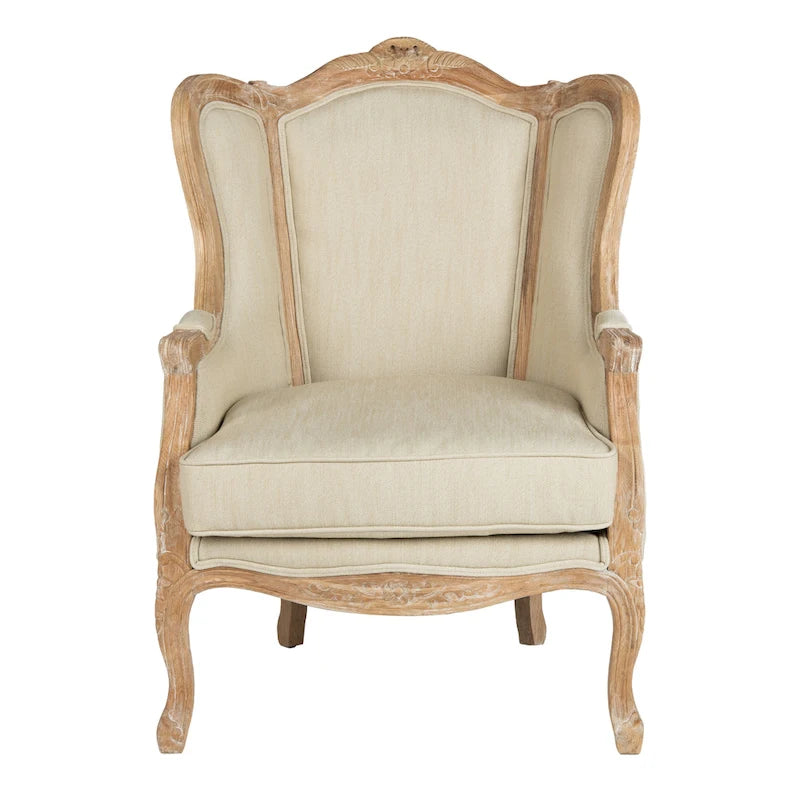 Wing Chair, Natural Linen / Ivory / Black, Camelback Style, Single Seat