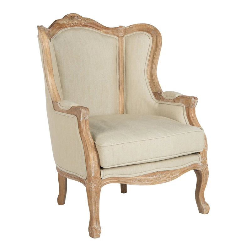 Wing Chair, Natural Linen / Ivory / Black, Camelback Style, Single Seat