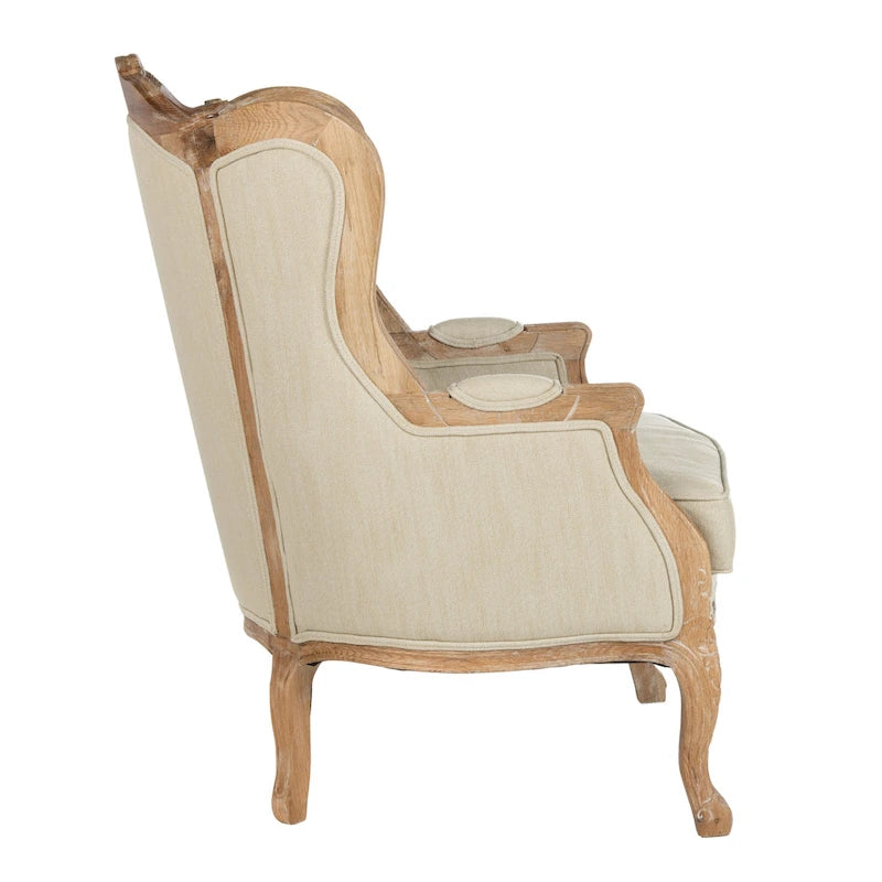 Wing Chair, Natural Linen / Ivory / Black, Camelback Style, Single Seat