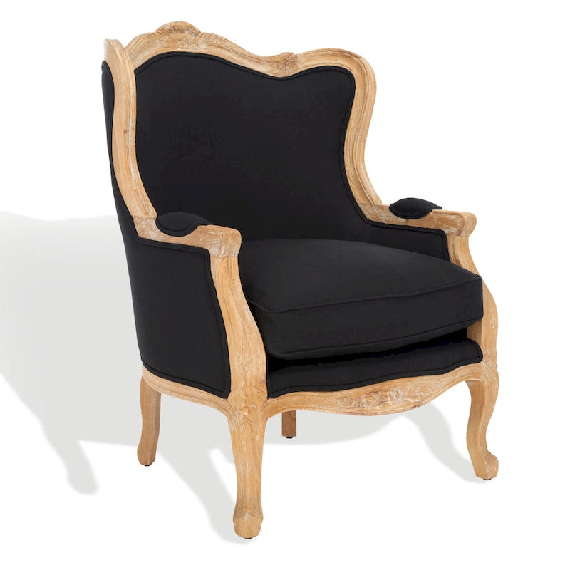 Wing Chair, Natural Linen / Ivory / Black, Camelback Style, Single Seat
