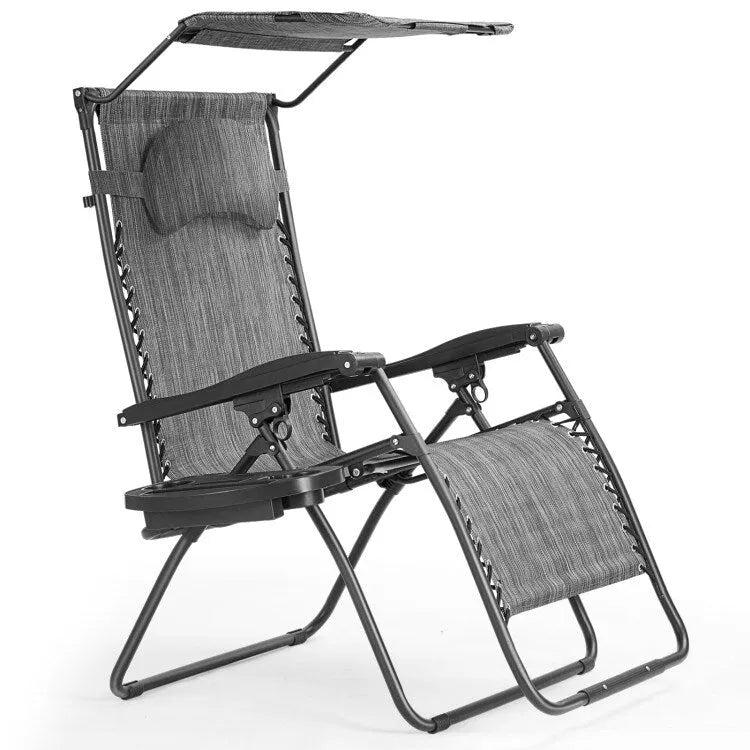 Folding Recliner Lounge Chair w/ Shade Canopy Cup Holder - Gray