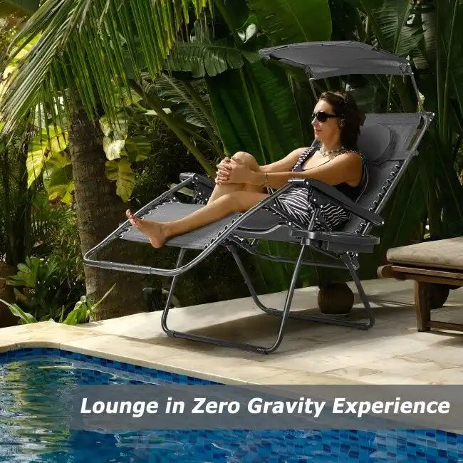 Folding Recliner Lounge Chair w/ Shade Canopy Cup Holder - Gray