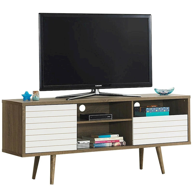 Oak & White TV Stand with 3 Shelves, Cabinet & Drawer, Fits up to 65"