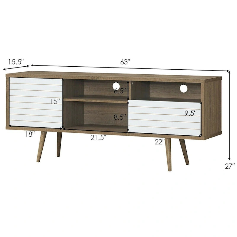 Oak & White TV Stand with 3 Shelves, Cabinet & Drawer, Fits up to 65"