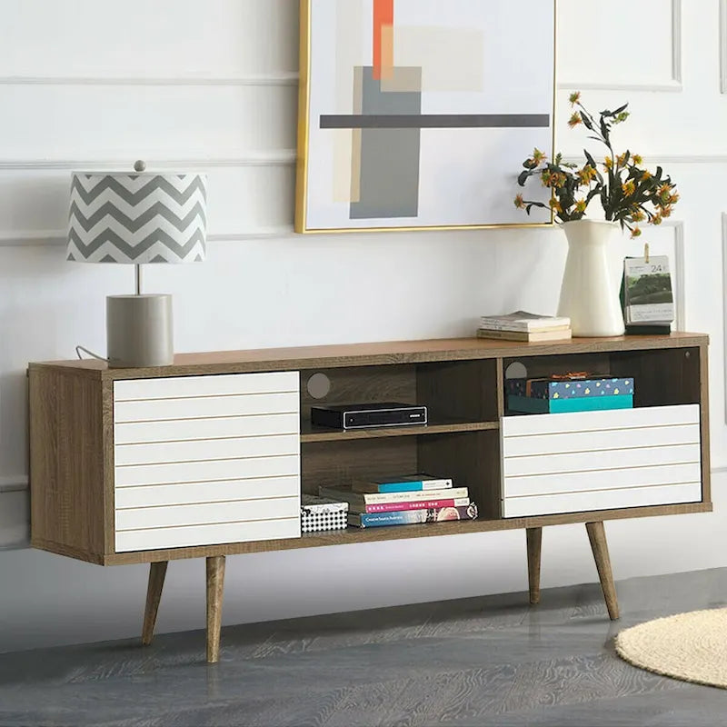 Oak & White TV Stand with 3 Shelves, Cabinet & Drawer, Fits up to 65"