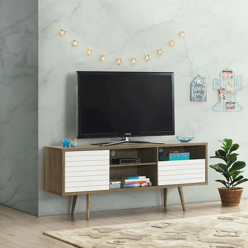 Oak & White TV Stand with 3 Shelves, Cabinet & Drawer, Fits up to 65"