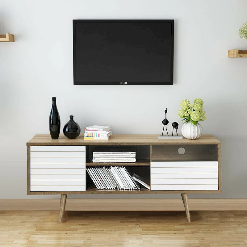 Oak & White TV Stand with 3 Shelves, Cabinet & Drawer, Fits up to 65"