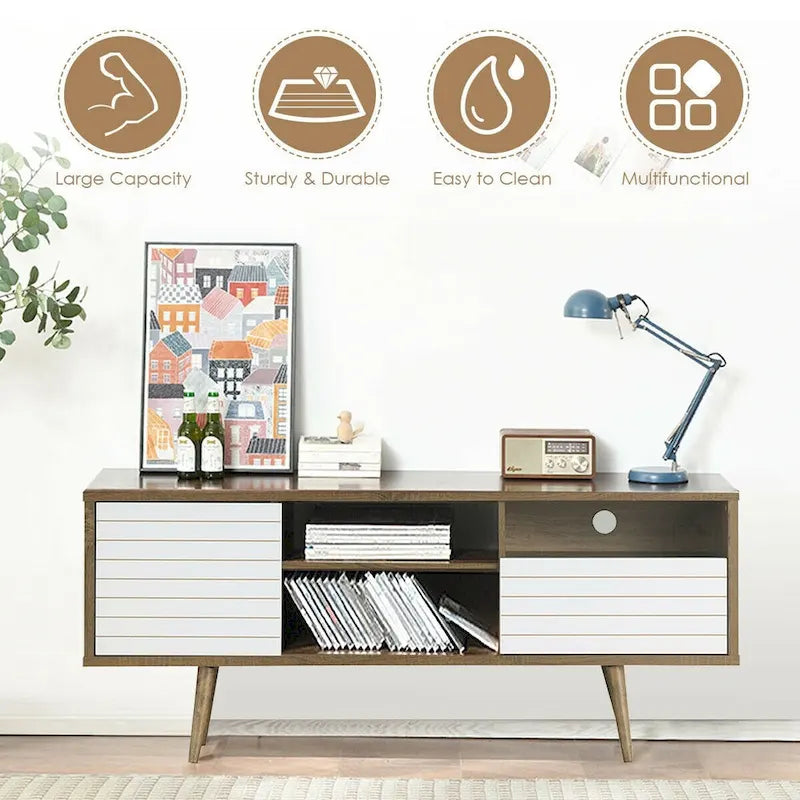 Oak & White TV Stand with 3 Shelves, Cabinet & Drawer, Fits up to 65"