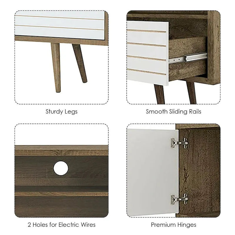 Oak & White TV Stand with 3 Shelves, Cabinet & Drawer, Fits up to 65"
