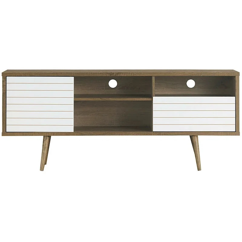 Oak & White TV Stand with 3 Shelves, Cabinet & Drawer, Fits up to 65"