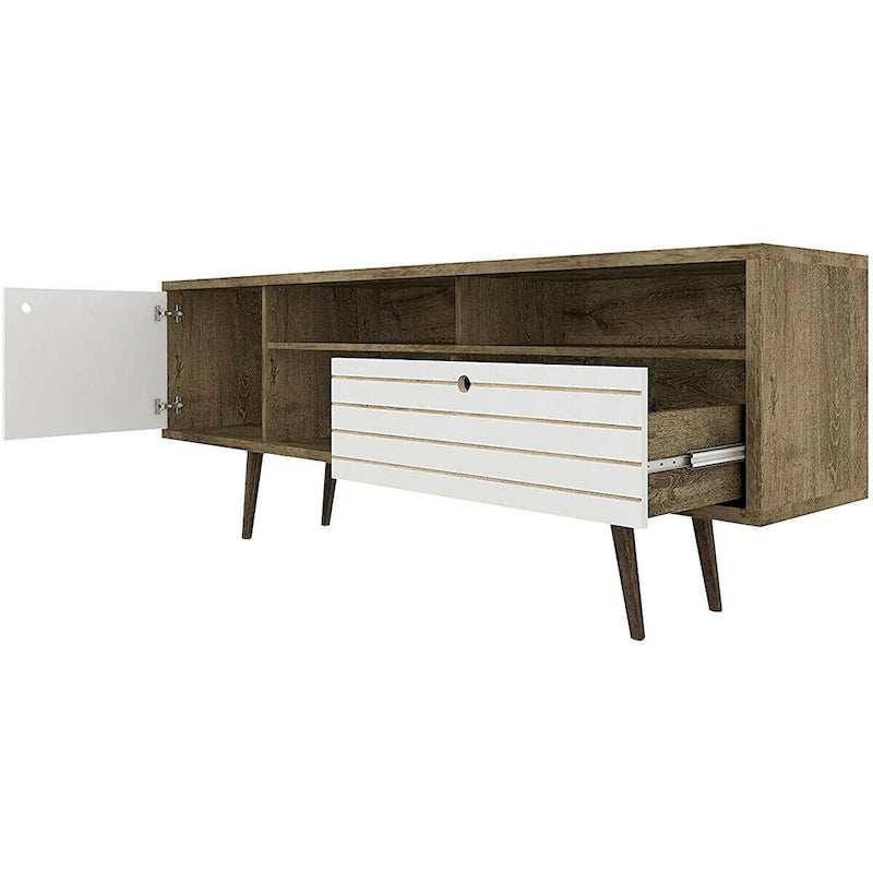 Oak & White TV Stand with 3 Shelves, Cabinet & Drawer, Fits up to 65"