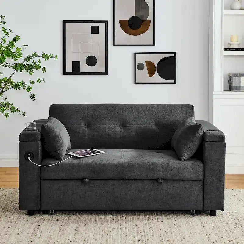 Beige/Black/Grey Velvet 2-Seat Pull-Out Sofa Bed with Storage & USB Port