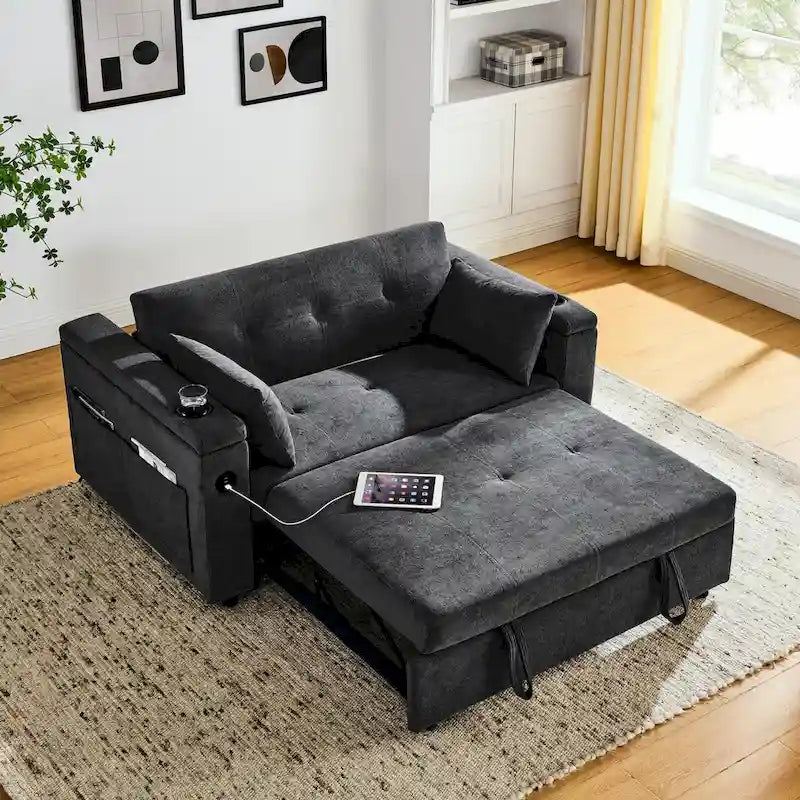 Beige/Black/Grey Velvet 2-Seat Pull-Out Sofa Bed with Storage & USB Port