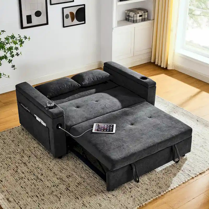 Beige/Black/Grey Velvet 2-Seat Pull-Out Sofa Bed with Storage & USB Port